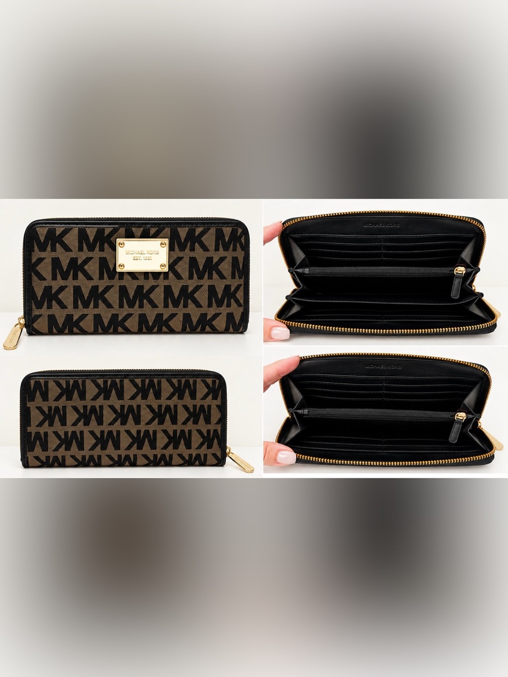 Michael Kors Jet Set Travel MK Logo Zip Around Continental Wallet Black Gold